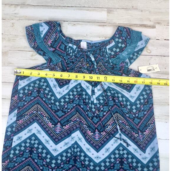 NWT No Boundaries Women's Juniors Teal Med. Smocked Peasant Cap Sleeve Boho - Picture 6 of 7